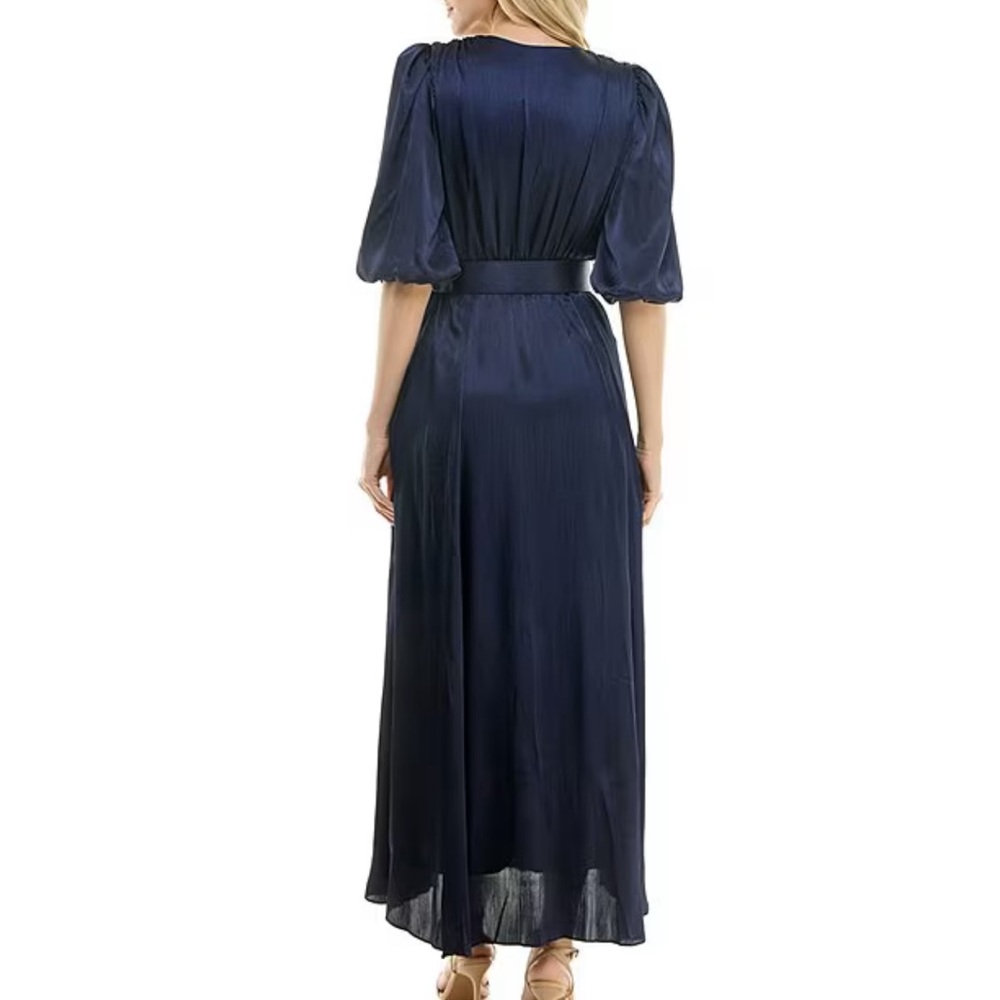 Taylor Satin Crinkle Crepe Surplice V-Neck Elbow Puff Sleeve Belted Maxi Dress 2 - Picture 2 of 9
